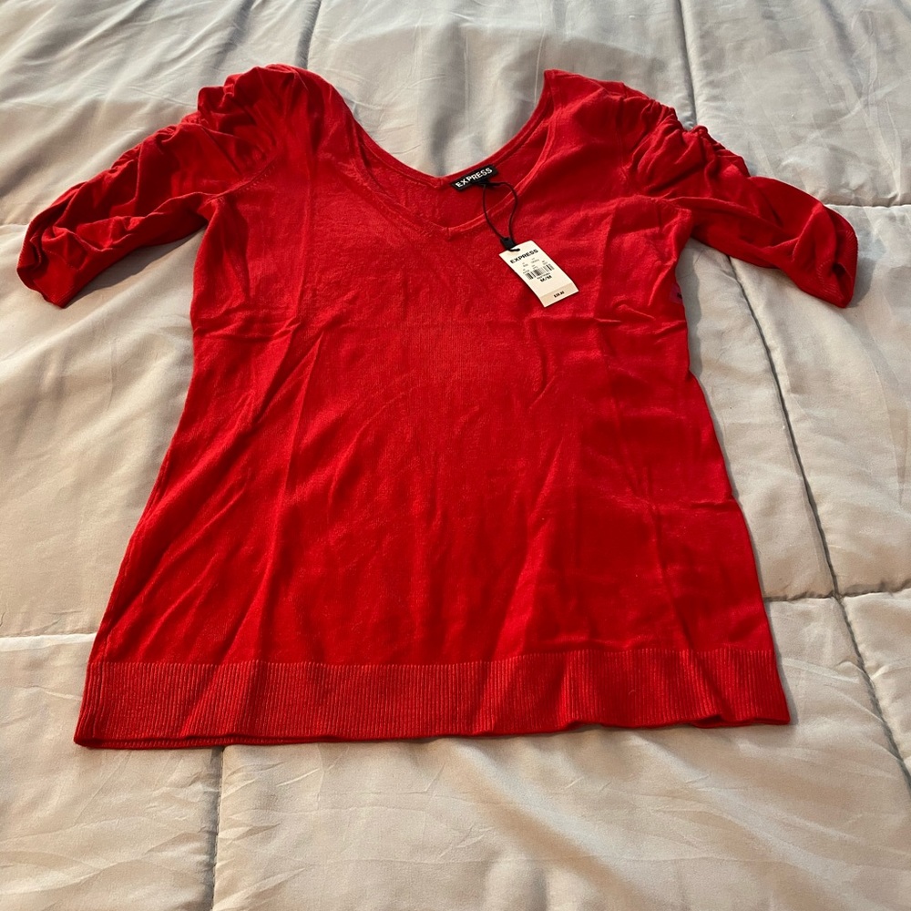 EXPRESS Red Sweater with Ruched Sleeves - Picture 2 of 4